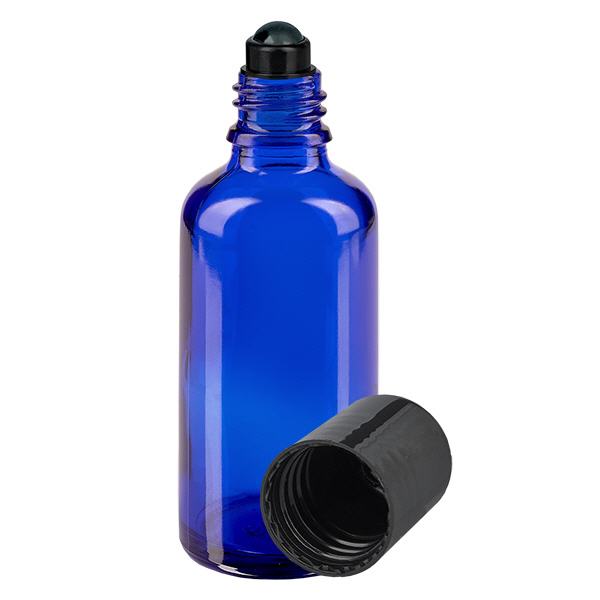 Apothekenflasche blau 50ml Roll-On Verschluss schwarz Apothekenflasche blau 50ml Roll-On Verschluss schwarz