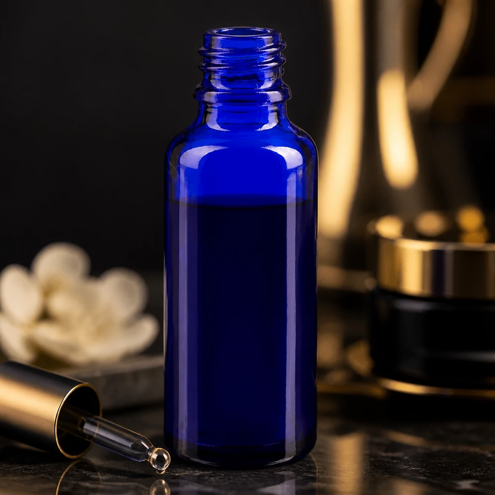 Tropfflasche 30ml DIN 18 BLAUGLAS Blaue 30ml ApoGlas Flasche mit Pipette und Goldakzenten im luxuriösen Produktsetting