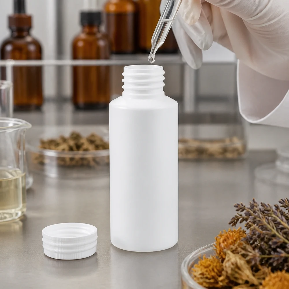 Weiße zylindrische HDPE Flasche 30ml mit Schraubgewinde und abgenommenem Deckel