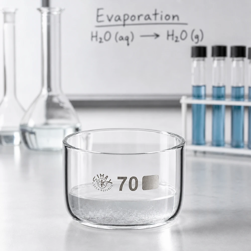 100ml Kristallisierschale ohne Ausguss Borosilikat ø70mm Flache zylindrische Glasschale 70mm mit kristallinem Niederschlag vor Reagenzgläsern im Chemielabor