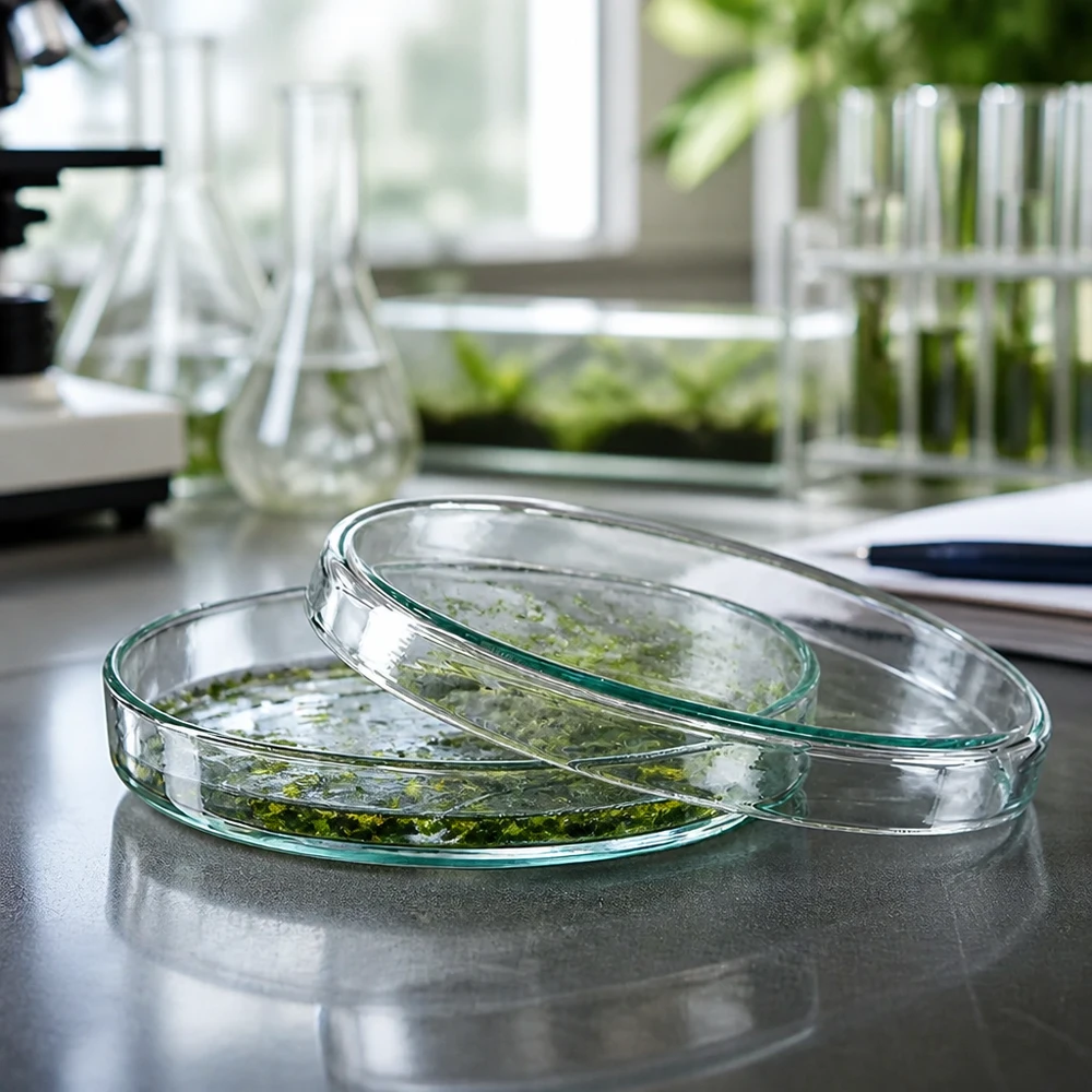 Petrischalen aus klarem Glas 90x15mm für botanische Forschung mit grünem Pflanzenmaterial gefüllt