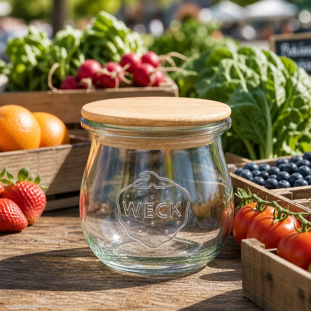 WECK RR40 Tulpenglas 75ml mit Holzdeckel zwischen frischem Marktgemüse als stilvolle Aufbewahrung für Küche und Haushalt