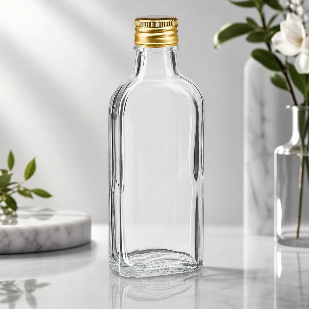 100 ml Meplat klar mit Alu Verschluss gold PP22 Transparente flache 100ml Flasche aus Klarglas mit Goldverschluss PP22 für Öle und Essenzen
