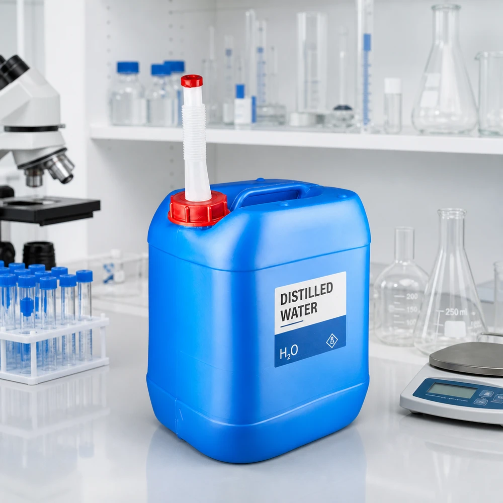 Blauer HDPE-Kanister 20L mit biegsamen Einfüllrohr und rotem Verschluss