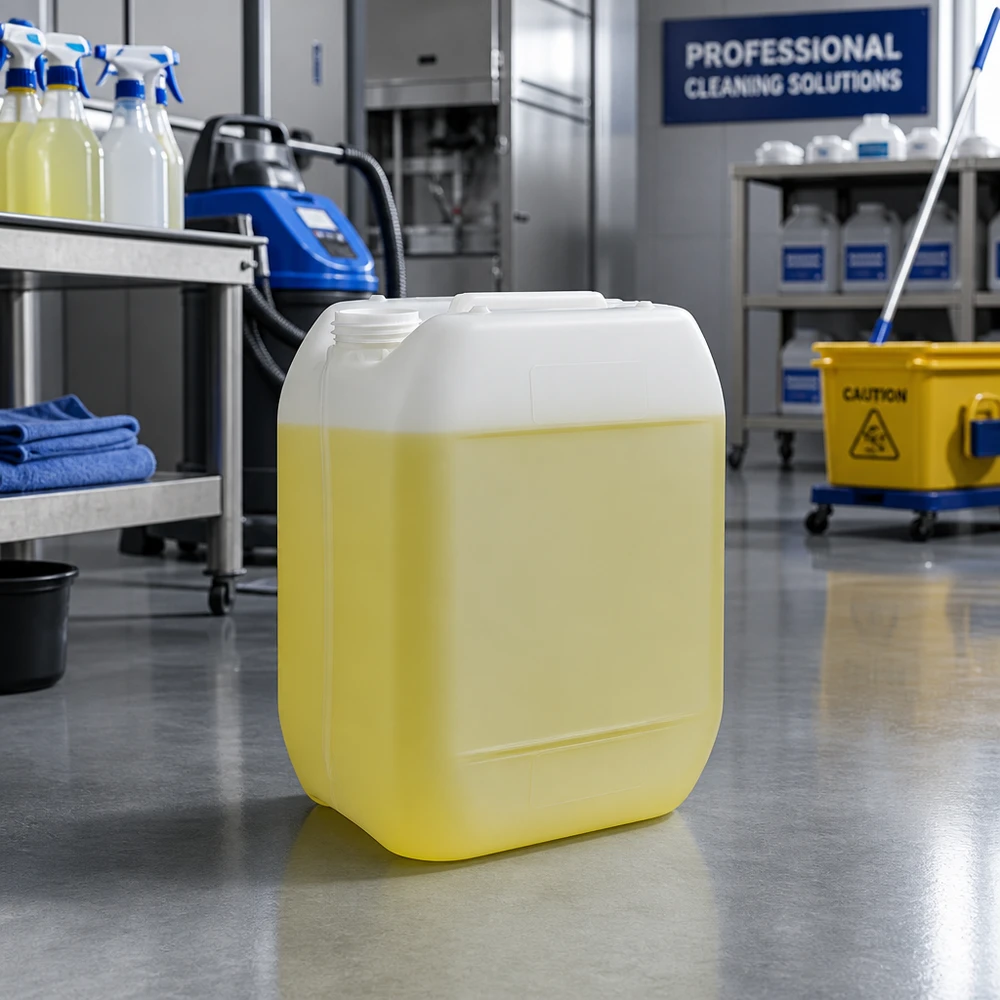 Kanister 10 Liter ohne Verschluss Transparenter Kunststoffkanister 10 Liter mit gelbem Inhalt für gewerbliche Reinigungslösungen