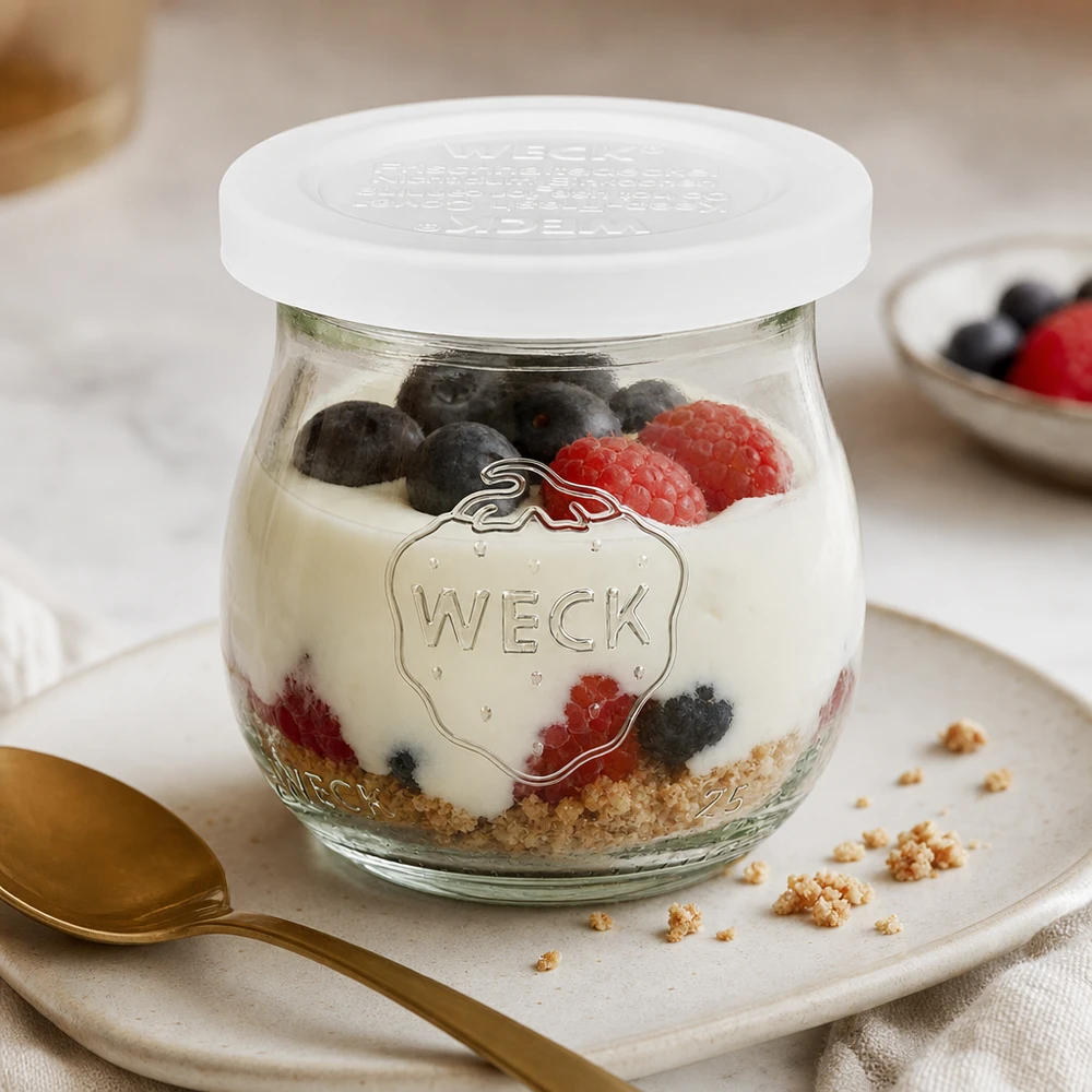 WECK Tulpenglas 75ml RR40 mit Joghurt Beeren und Granola als Dessert auf weißem Teller mit goldenem Löffel