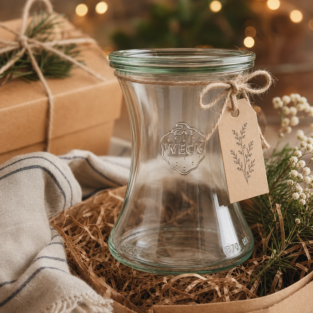 370ml Delikatessenglas mit Glasdeckel WECK RR80 WECK Delikatessenglas 370ml RR80 als Geschenk mit Kraftpapier-Anhänger in rustikaler Weihnachtsdeko