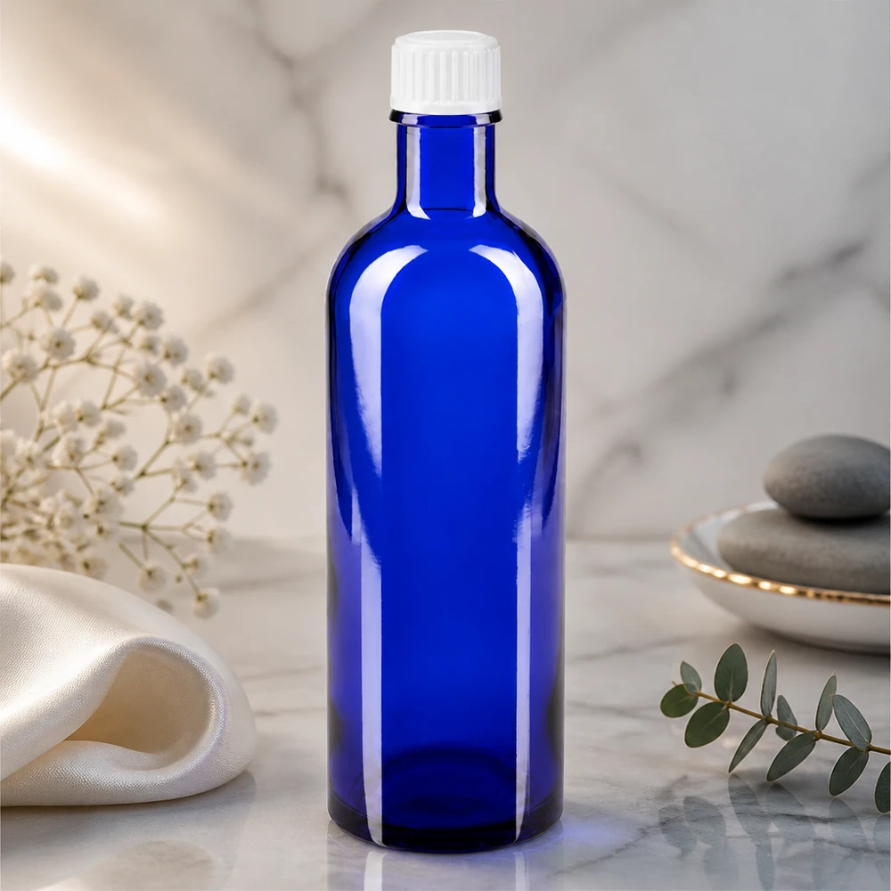 Apothekenflasche blau 200ml Schraubverschluss weiß Standard Medizinflasche 200ml aus blauem UV-Schutzglas mit weißem Schraubdeckel