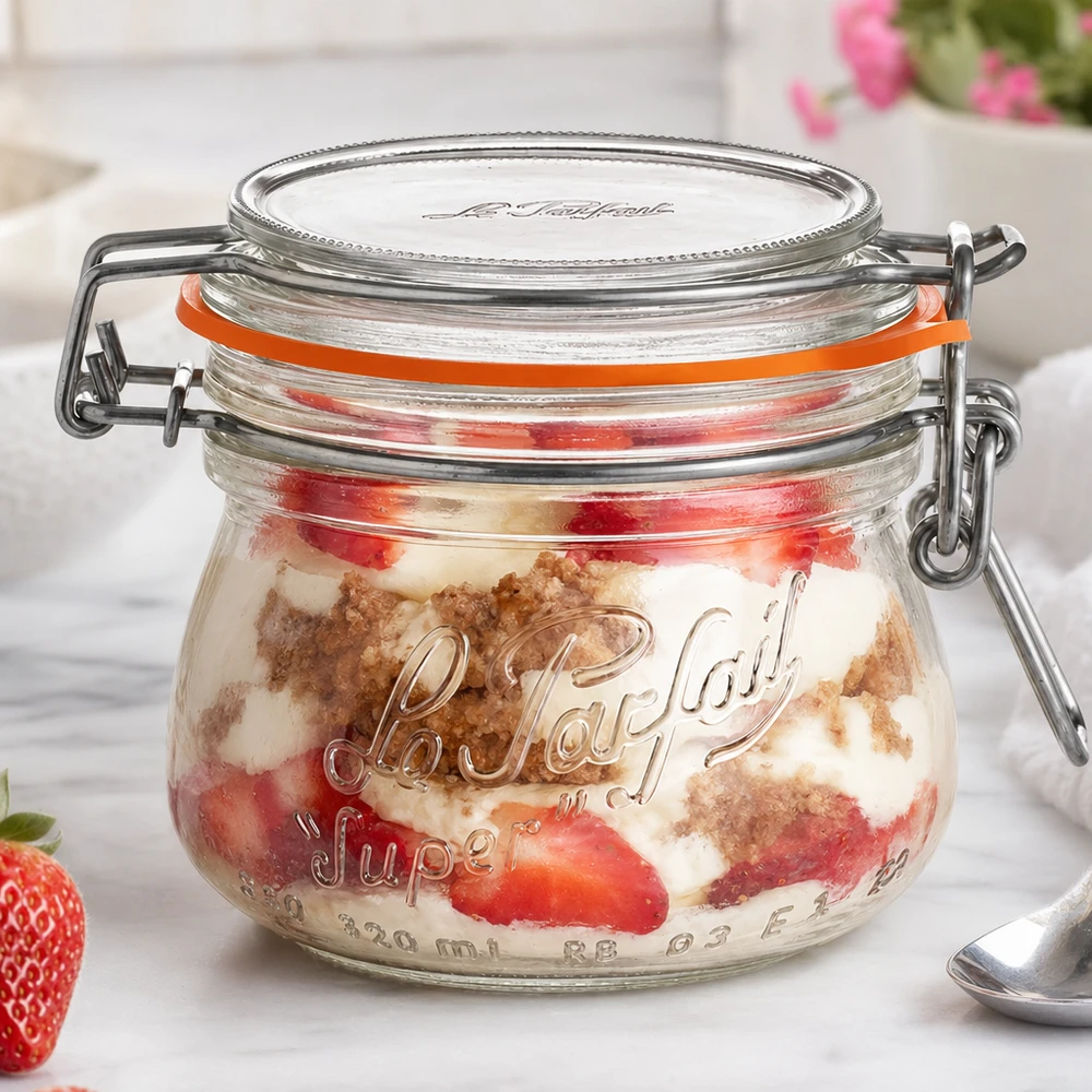 250ml Le Parfait Super Vorratsglas mit Bügelverschluss gefüllt mit Erdbeeren und Dessert auf weißer Oberfläche