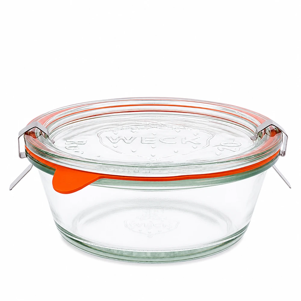 WECK Gourmetglas 300ml RR120 mit Glasdeckel und orangem Gummiring, rundes Einmachglas aus transparentem Glas