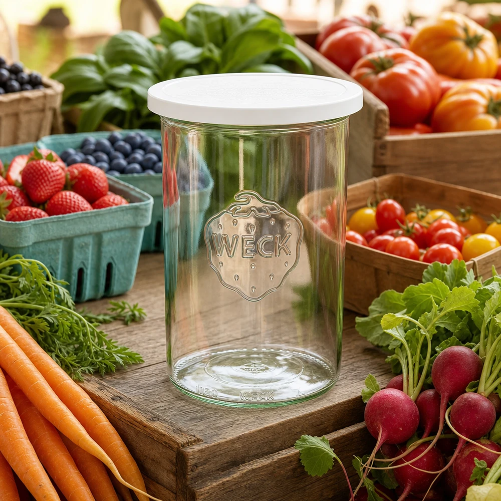 WECK Sturzglas 1000ml RR100 mit Frischedeckel zwischen frischem Marktgemüse Karotten Radieschen und Beeren