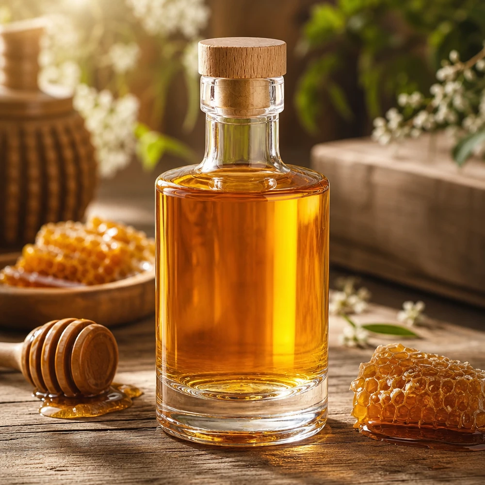 200ml Glasflasche "Marie" mit Holzgriff-Korken UNiTWIST 200ml Glasflasche Marie mit Honig befüllt, Holzkorken, dekorativ mit Waben und Honiglöffel auf rustikalem Holz