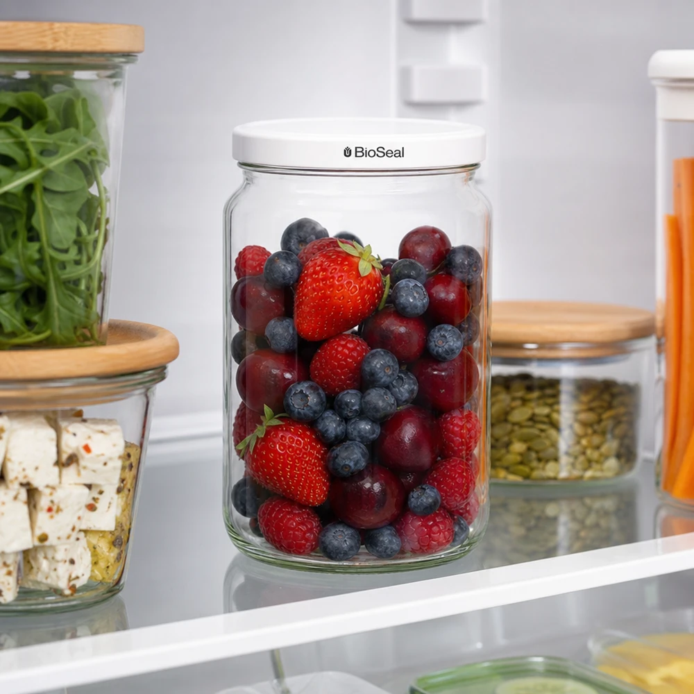 795ml Rundglas mit BioSeal Deckel weiß UNiTWIST UNiTWIST Runda795 Vorratsglas im Kühlschrank mit bunten Beeren - frische Aufbewahrung von Obst und Snacks