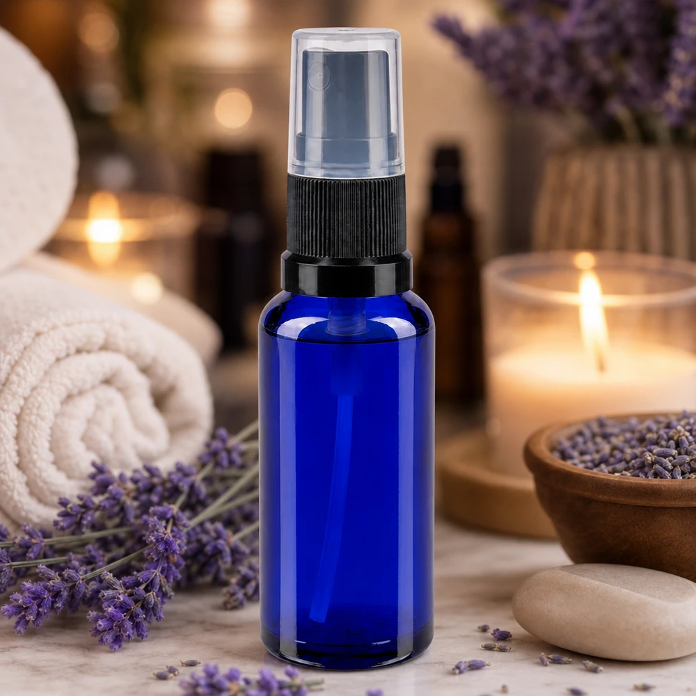 Apothekenflasche blau 30ml Sprayaufsatz schwarz Kleine blaue Glassprayflasche 30ml mit transparentem Verschluss in Spa Aromatherapie Umgebung