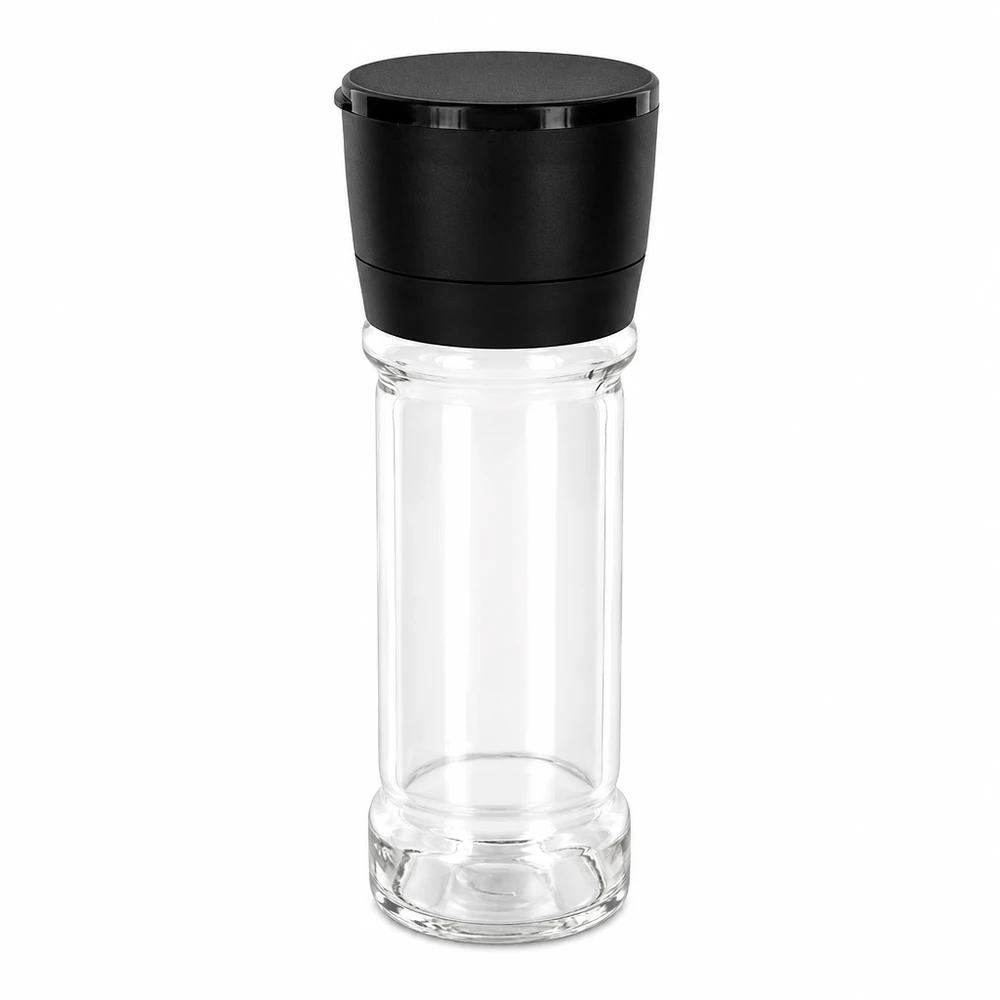 Salz-/Gewürzglas 100ml mit Mühle Vario schwarz Transparentes Gewürzglas 100ml mit schwarzem Kunststoffmahlwerk Vario