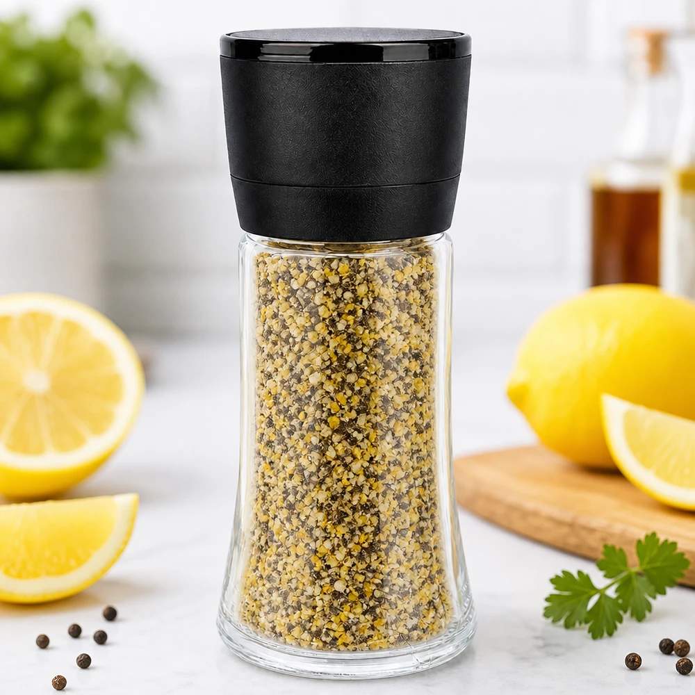 Klares Gewürzglas 95ml mit schwarzer Drehkappe gefüllt mit gelblicher Lemon-Pepper-Mischung