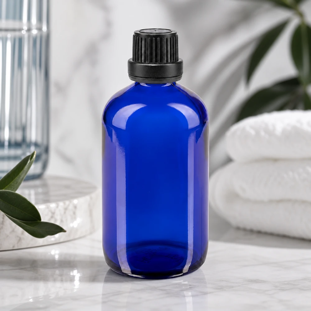 Apothekenflasche blau 100ml Schraubverschluss schwarz Dichteinlage Originalitätsverschluss Apothekerflasche 100ml in Kobaltblau mit OV Verschluss 11mm für Kosmetik und Aromatherapie