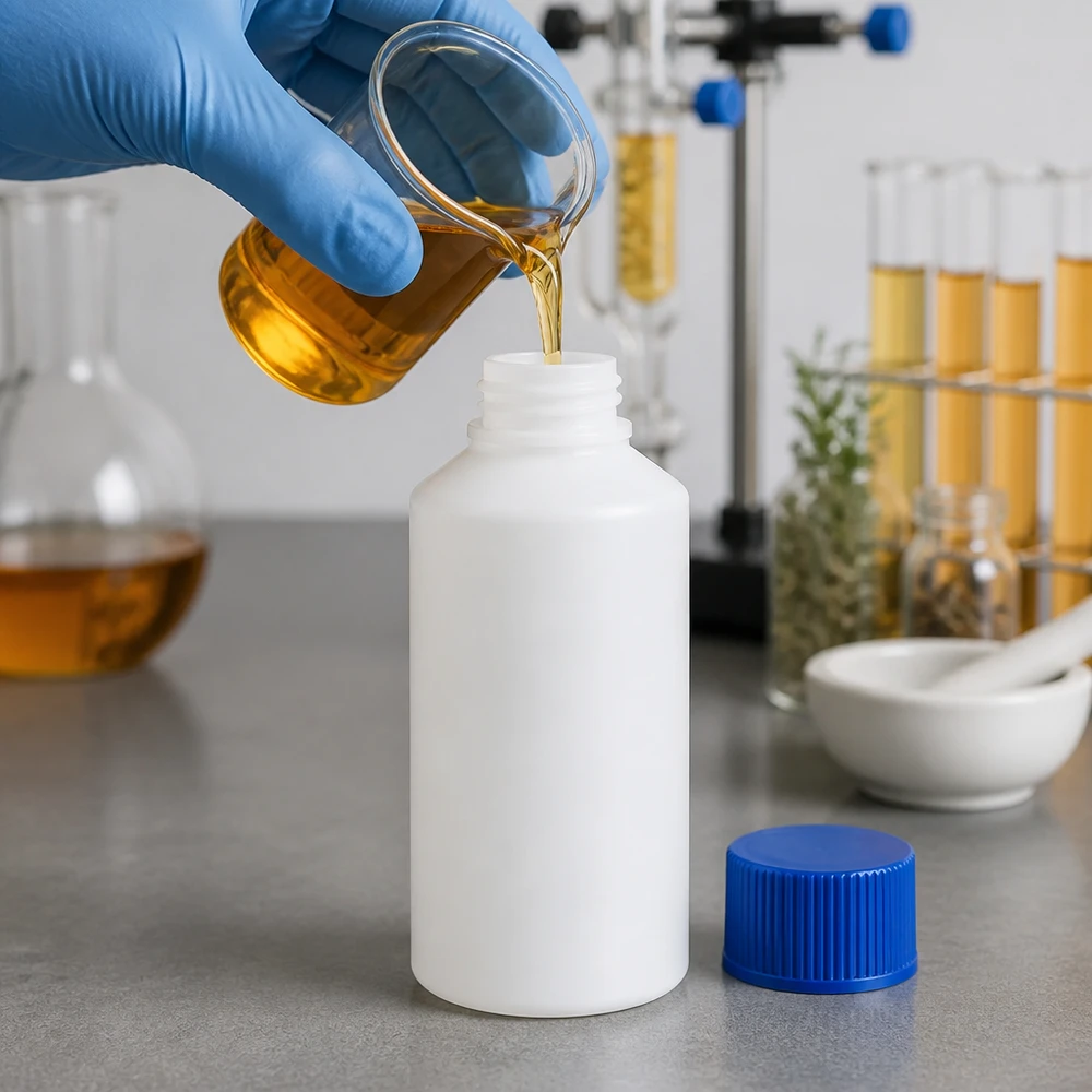 Apothekerflasche aus lebensmittelechtem HDPE Kunststoff 50ml wird mit ätherischem Öl befüllt