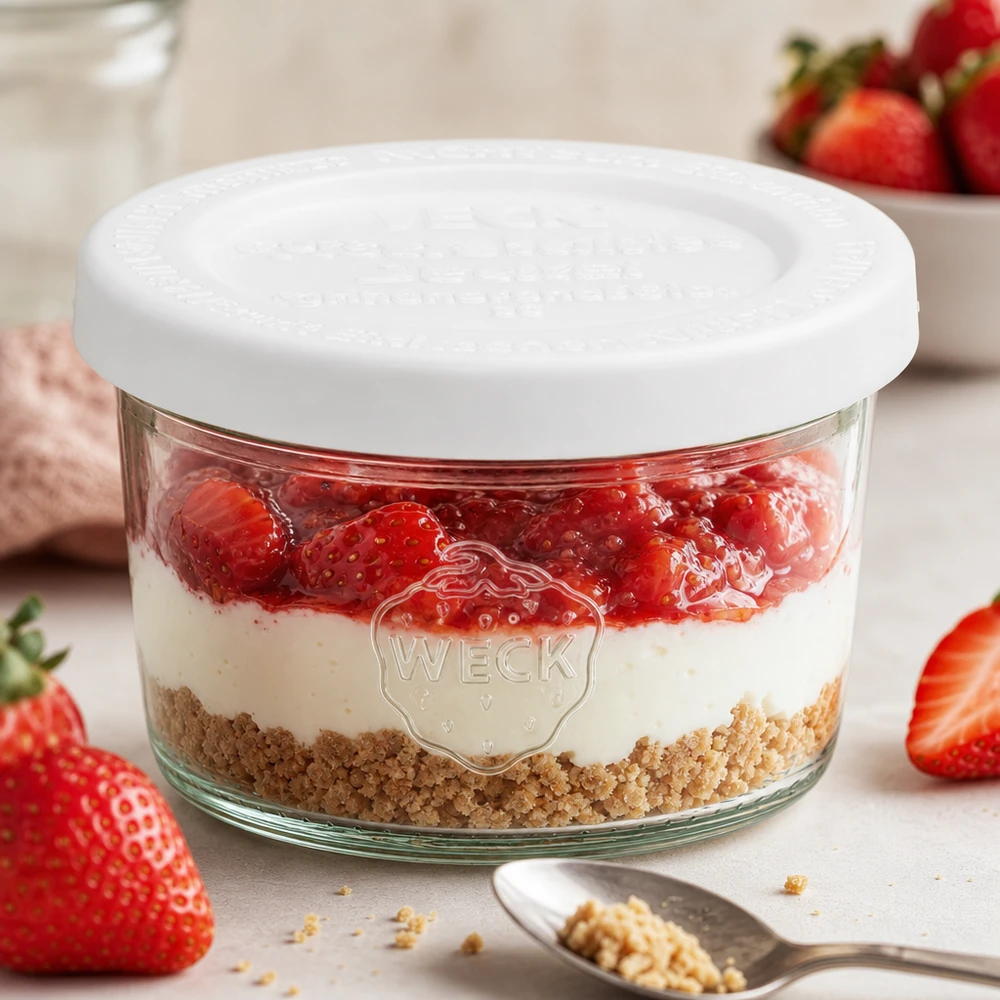 WECK 80ml Sturzglas RR60 mit Erdbeer-Dessert und Keksboden als Schichtdessert zwischen frischen Erdbeeren und Löffel