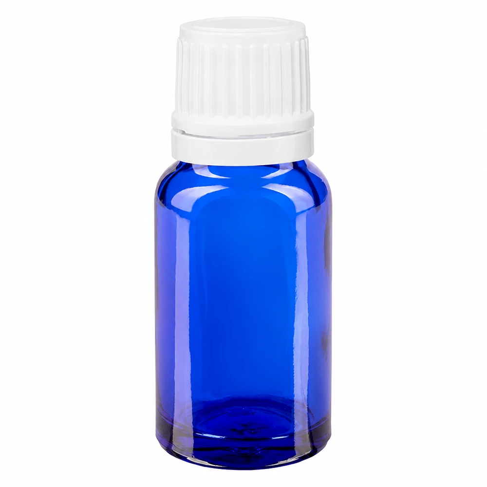 Apothekenflasche blau 10ml Schraubverschluss weiß Originalitätsverschluss Kleine blaue Glasflasche 10ml mit kindersicherem weißem Tropfverschluss 11mm