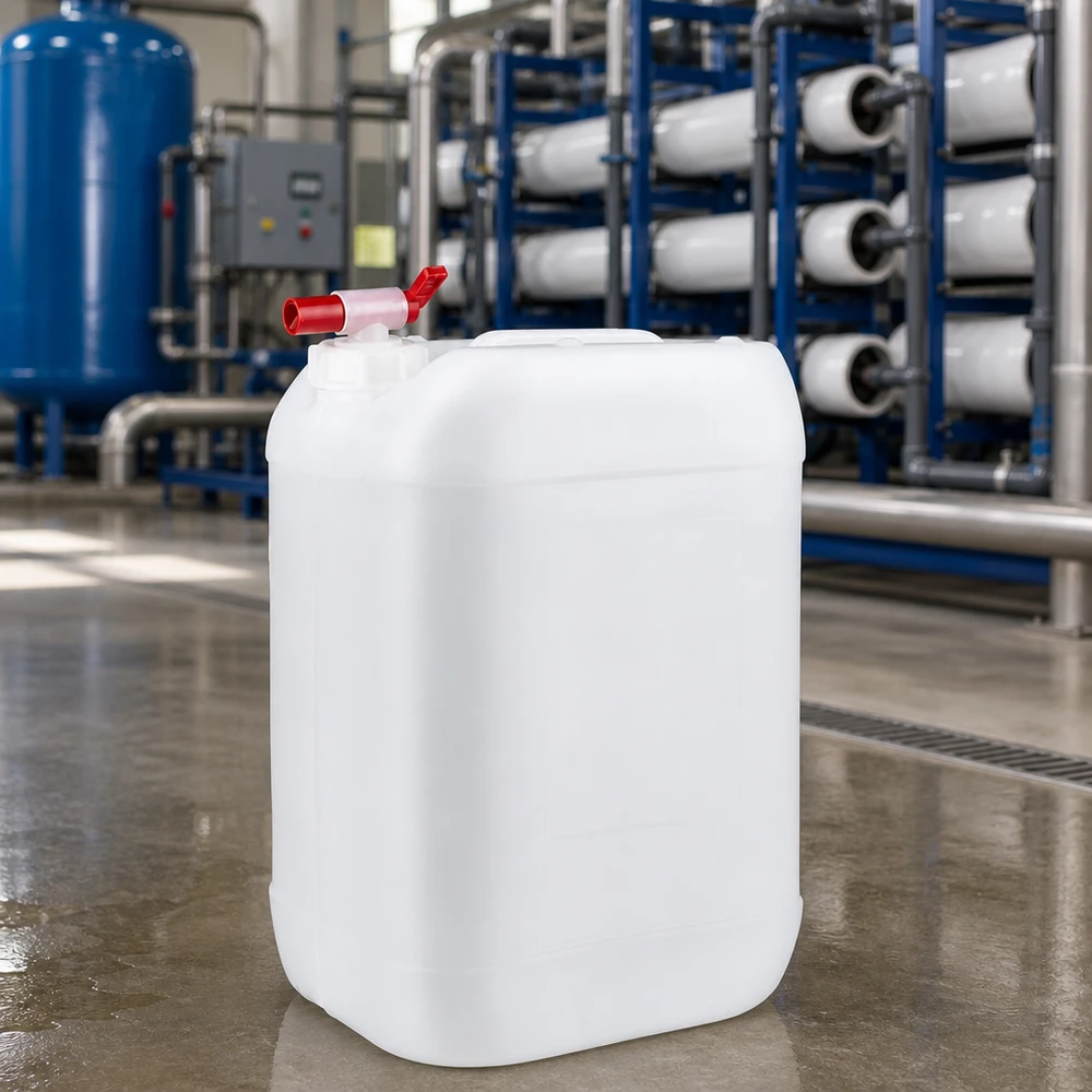 Lebensmittelechter HDPE Kanister 25 Liter mit rotem Zapfhahn auf Betonboden