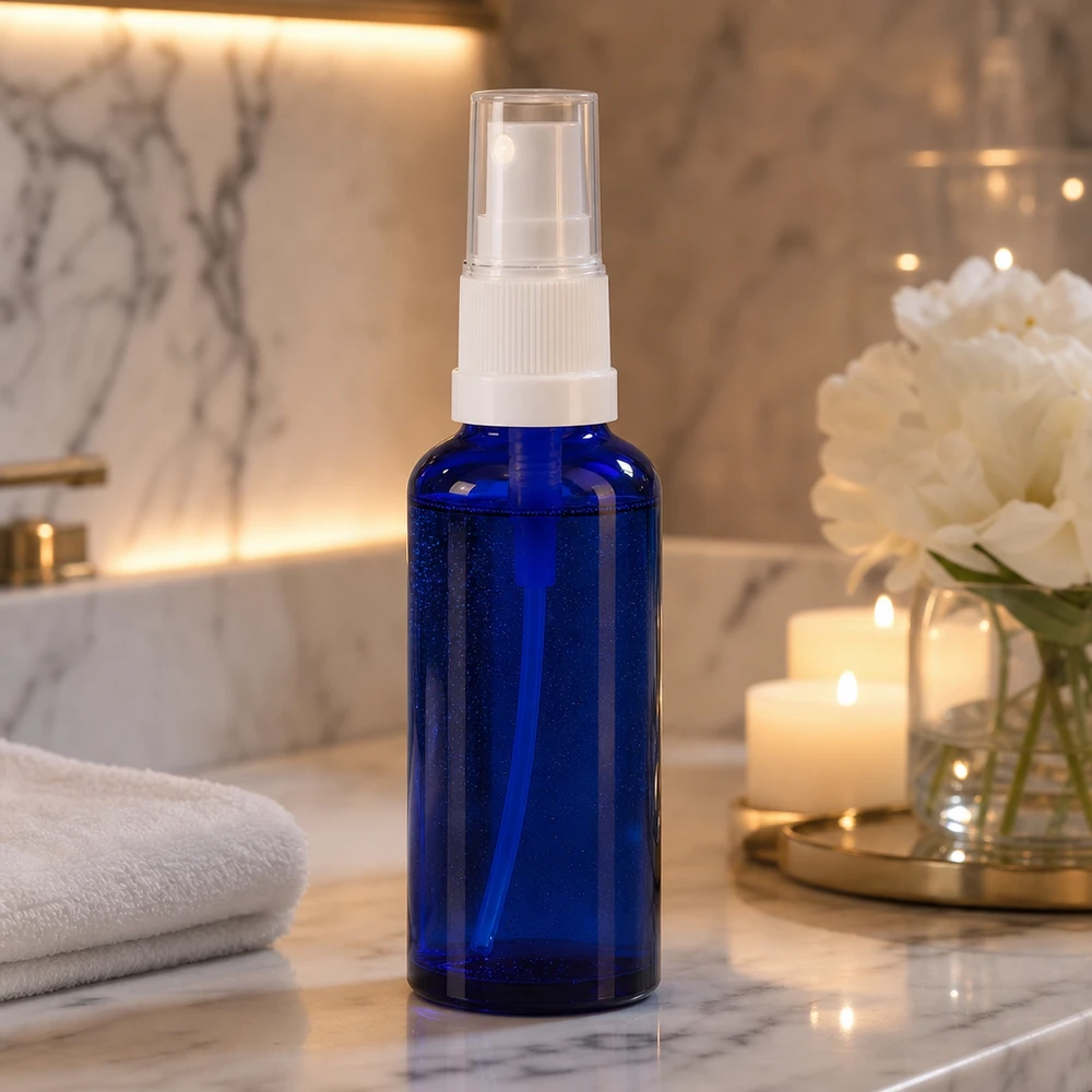 30ml blaue ApoGlas Flasche mit transparenter Schutzkappe und weißem Pumpkopf auf Marmor Waschtisch