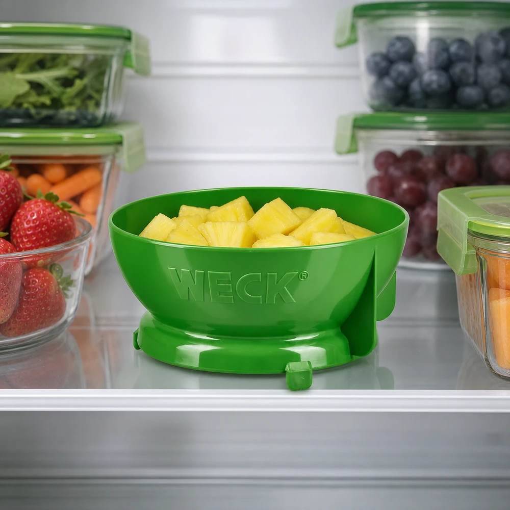 WECK Einfülltrichter grün im Kühlschrank mit Ananas umgeben von Vorratsdosen mit Obst und Gemüse