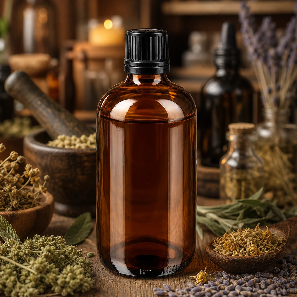 100ml GR OV Braunglasflasche 8mm mit UV-Schutz für Naturheilkunde und Kräuterextrakte