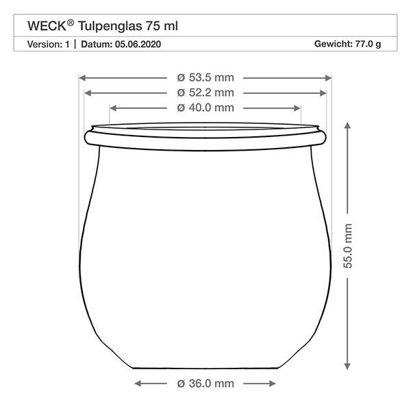 75ml Tulpenglas mit Glasdeckel WECK RR40 Technische Zeichnung WECK Tulpenglas 75ml RR40 mit Maßangaben Durchmesser Höhe Gewicht Produktspezifikation