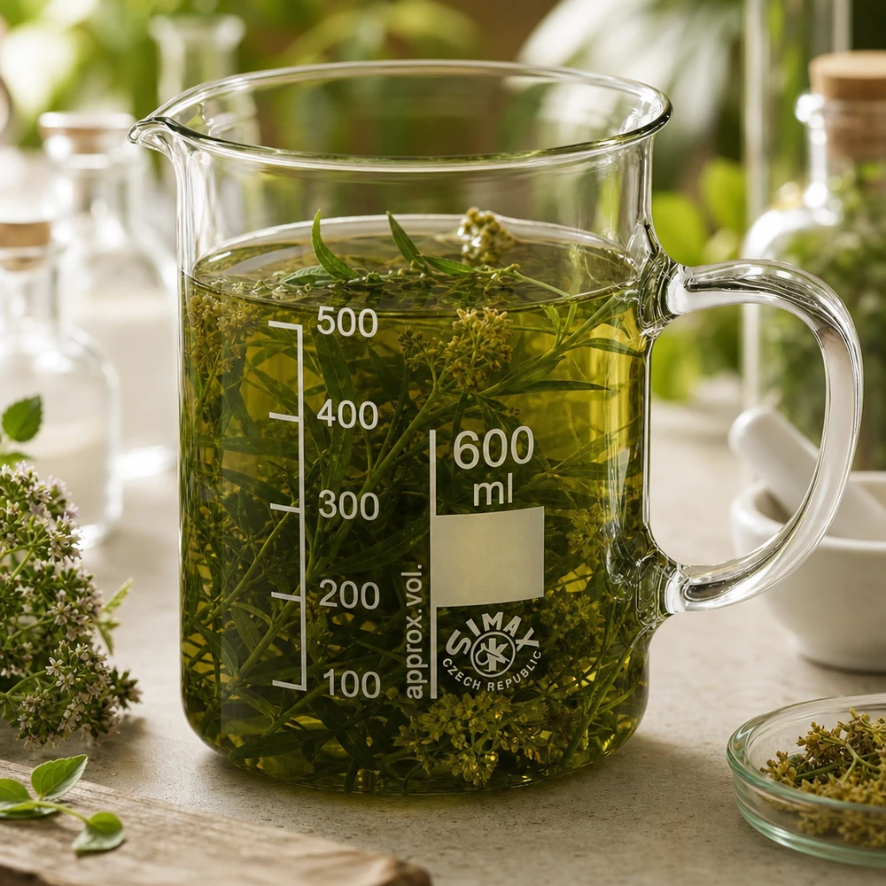 Becherglas 600ml Borosilikatglas, mit Henkel Becherglas mit Henkel 600ml Borosilikatglas mit grünem Pflanzenöl und Kräutern befüllt