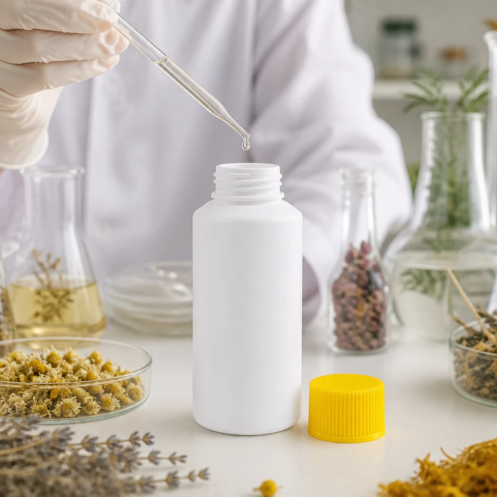 Apothekenflasche 30ml aus HDPE weiss mit offenem gelbem Schraubverschluss auf weißer Arbeitsfläche