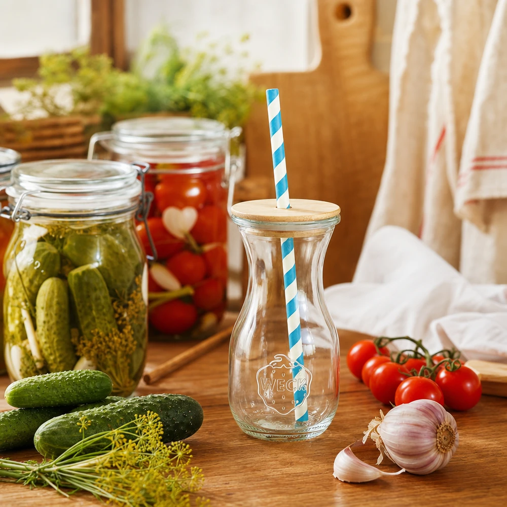 WECK Saftflasche 290ml Küchenszenerie mit eingelegten Gurken Tomaten frischem Gemüse Holzdeckel Öko-Strohhalm