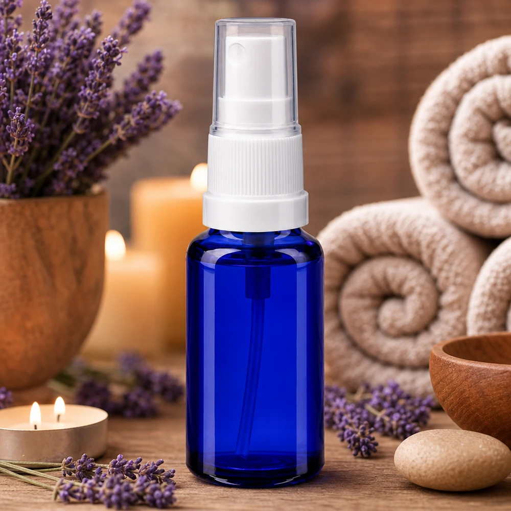 Apothekenflasche blau 20ml Sprayaufsatz weiß Blaue 20ml Glasflasche mit Sprühkopf ideal für Aromatherapie und Naturkosmetik ApoGlas