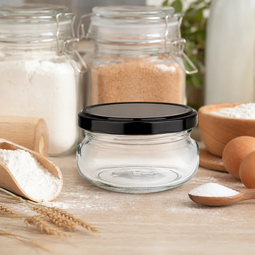 120ml Terrinenglas + BasicSeal Deckel schwarz UNiTWIST 120ml Terrinenglas mit schwarzem Deckel in Backküche mit Mehl, Eiern und Zutaten zum Backen und Aufbewahren