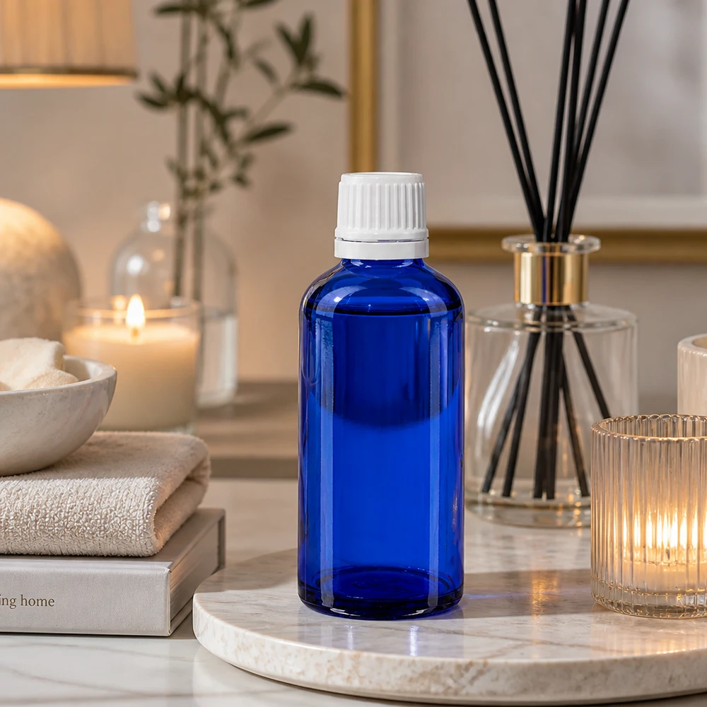 Apothekenflasche blau 50ml Schraubverschluss weiß Originalitätsverschluss Blaue Glasflasche 50ml mit kindersicherem Weißverschluss neben Reed Diffuser und Kerzen