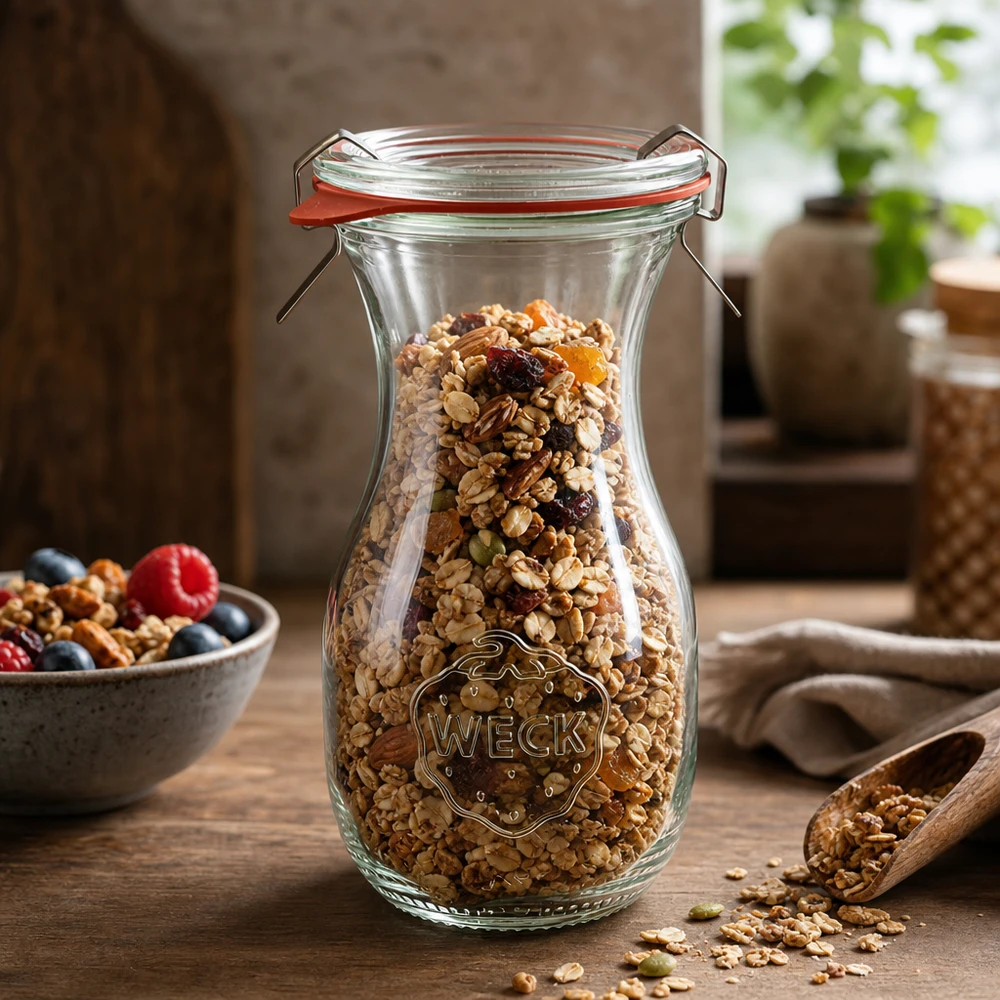 290ml Saftflasche komplett WECK RR60 WECK Saftflasche 290ml RR60 gefüllt mit Müsli und Trockenfrüchten zur Aufbewahrung von Lebensmitteln