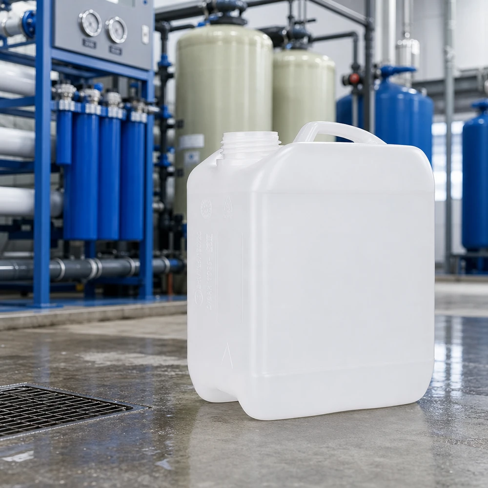 Kanister 2.5 Liter ohne Verschluss Kleiner Industriekanister 2,5 Liter weiß neben Filtertanks in Produktionshalle