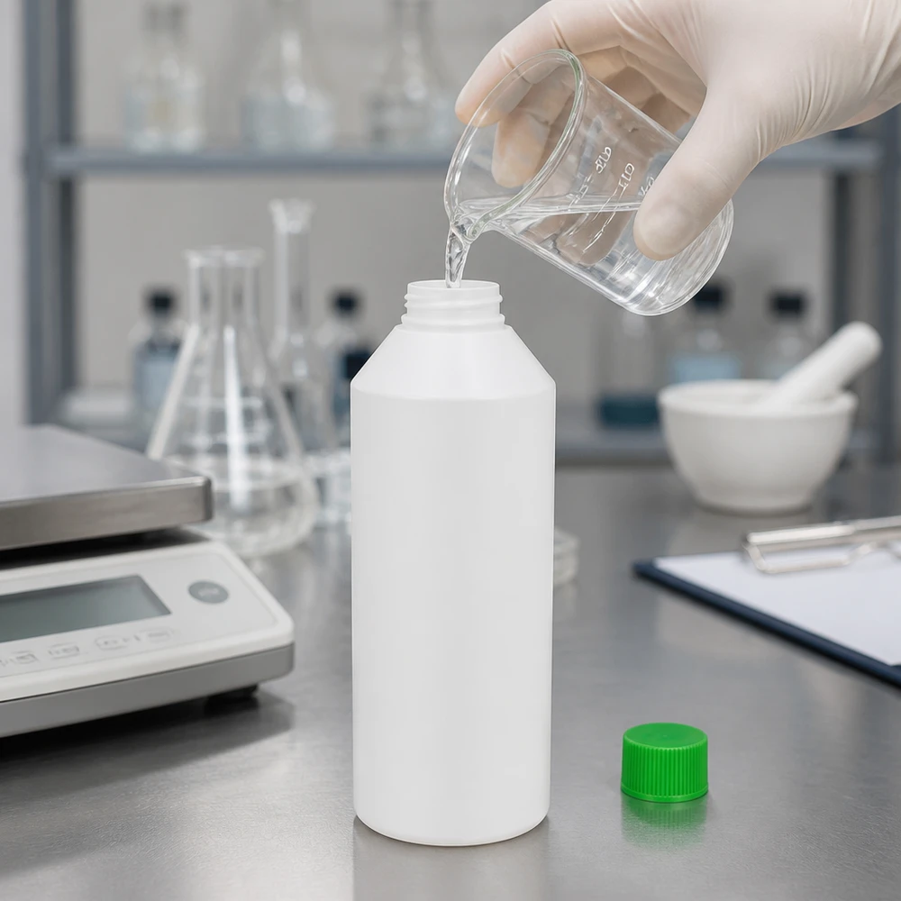 Weiße 250ml Rundflasche HDPE mit grünem SV neben Analysenwaage und Laborglas