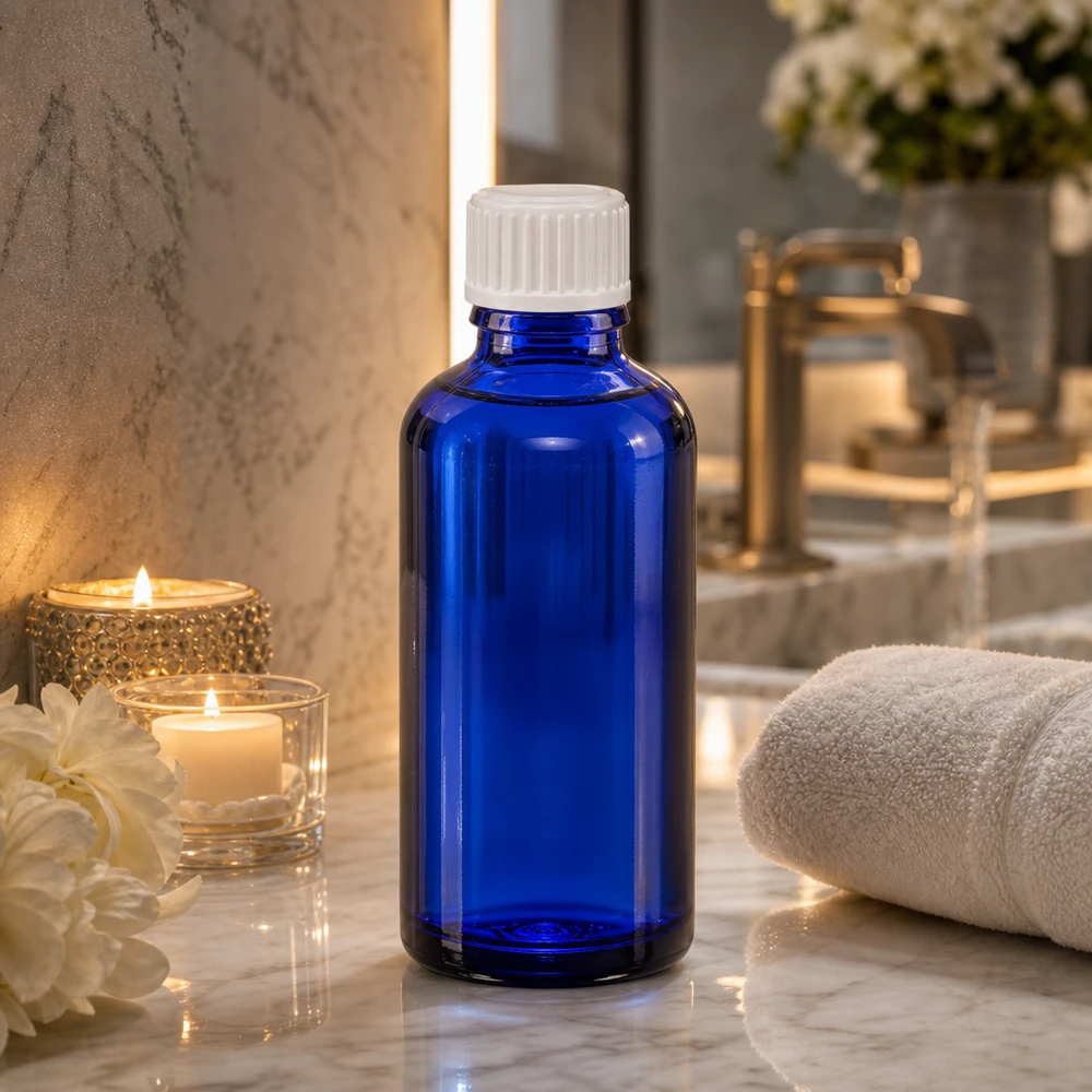 Lichtschutzflasche 50ml kobaltblau mit 0.9mm Tropfeinsatz für ätherische Öle und Tinkturen
