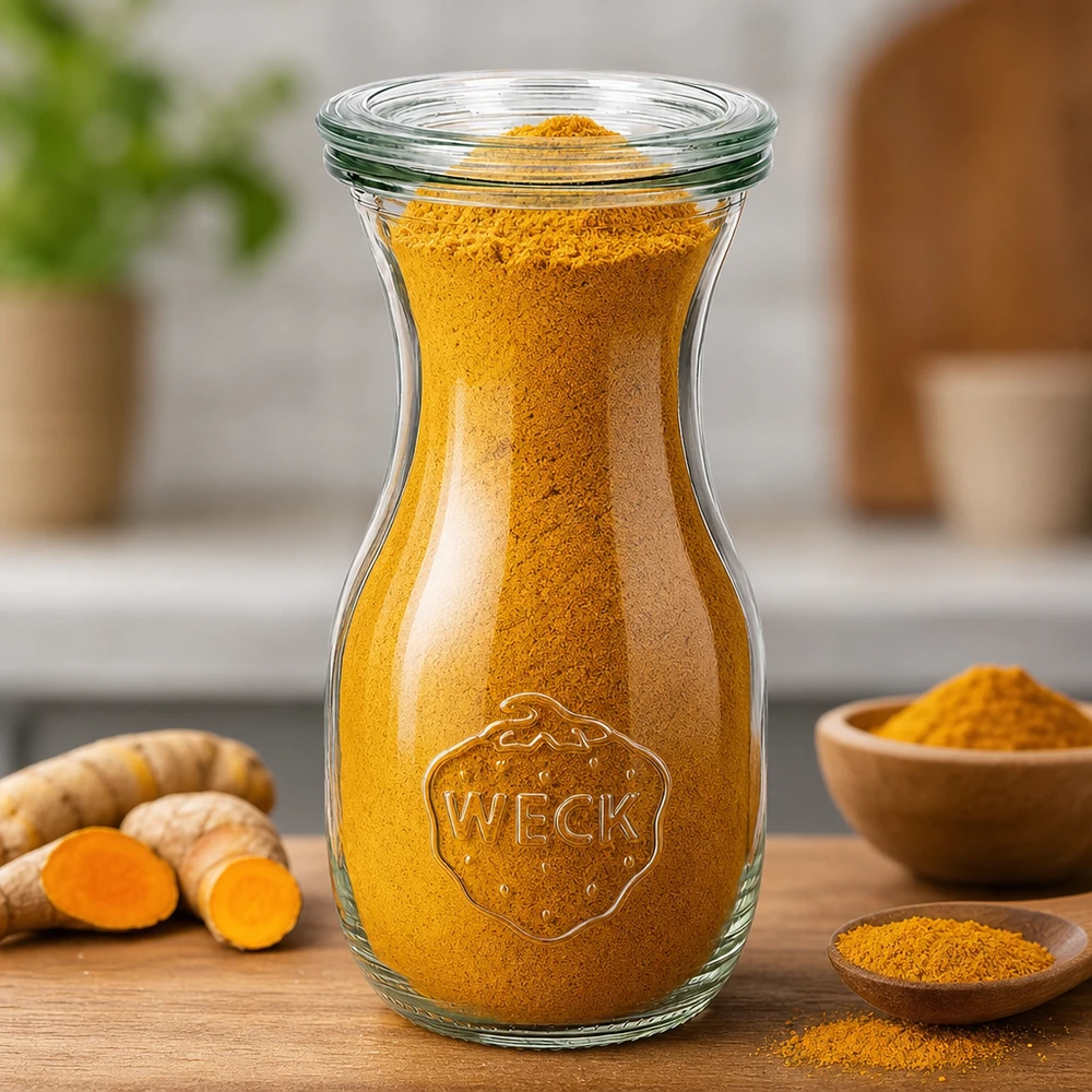 WECK Saftflasche 290ml RR60 mit Kurkuma-Pulver gefüllt neben frischen Kurkuma-Wurzeln und Holzschalen auf Küchentisch