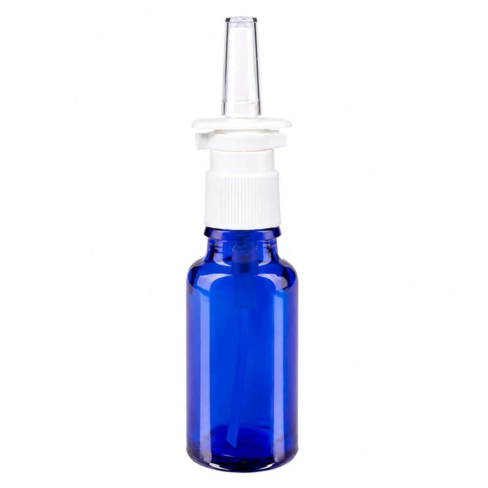 Kobaltblaue 20ml Nasensprayflasche aus Apothekenglas mit weißem Pumpaufsatz STD