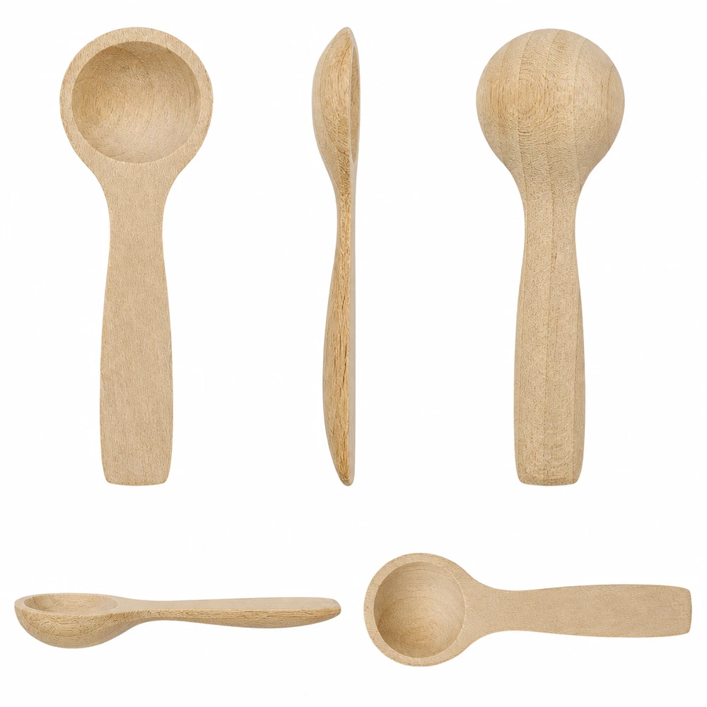 Fünf Ansichten der kleinen Holzschaufel 7,7cm aus verschiedenen Winkeln zeigen Form und Verarbeitung des Buchenholz-Löff