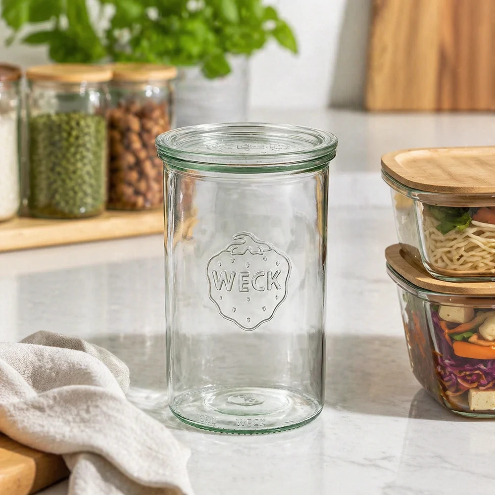WECK Einmachglas 1000ml RR100 leer auf Küchenarbeitsplatte zwischen Vorratsgläsern mit Nüssen und Gewürzen