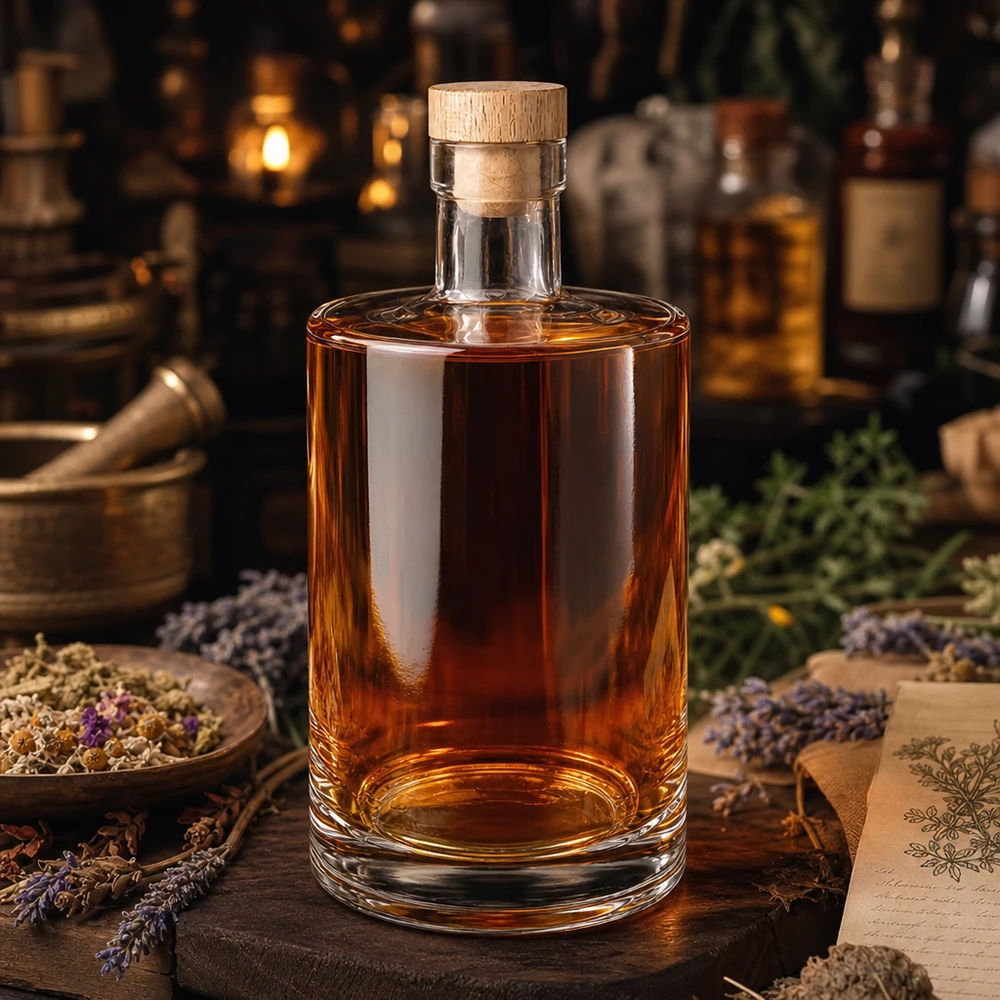 700ml Glasflasche "Galileo" mit Holzgriffkorken UNiTWIST® 700ml Glasflasche Marie mit Holzkorken und braunem Inhalt zwischen getrockneten Kräutern und Lavendel arrangiert