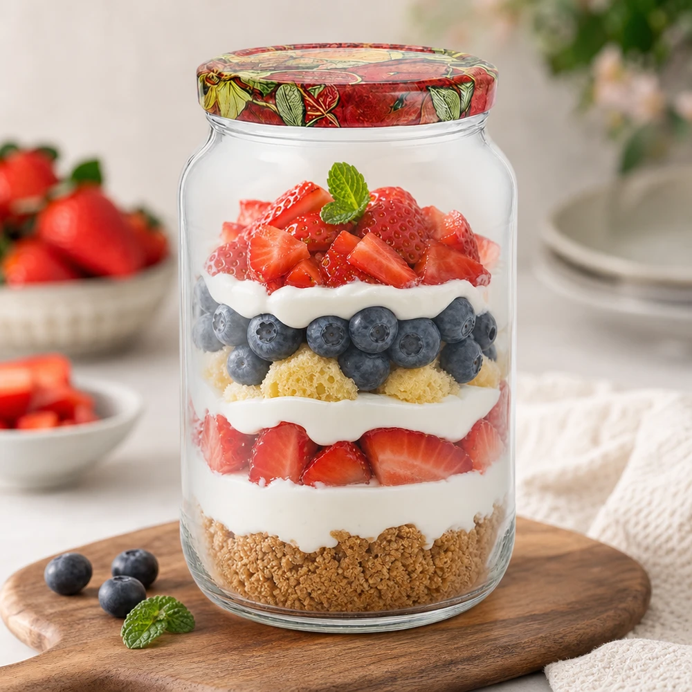 1062ml Rundglas + BasicSeal Deckel Obst-Dekor UNiTWIST 1062ml Rundglas BasicSeal Deckel Obst-Dekor Schichtdessert Beeren Sahne Keksboden Trifle Nachtisch Mason Jar