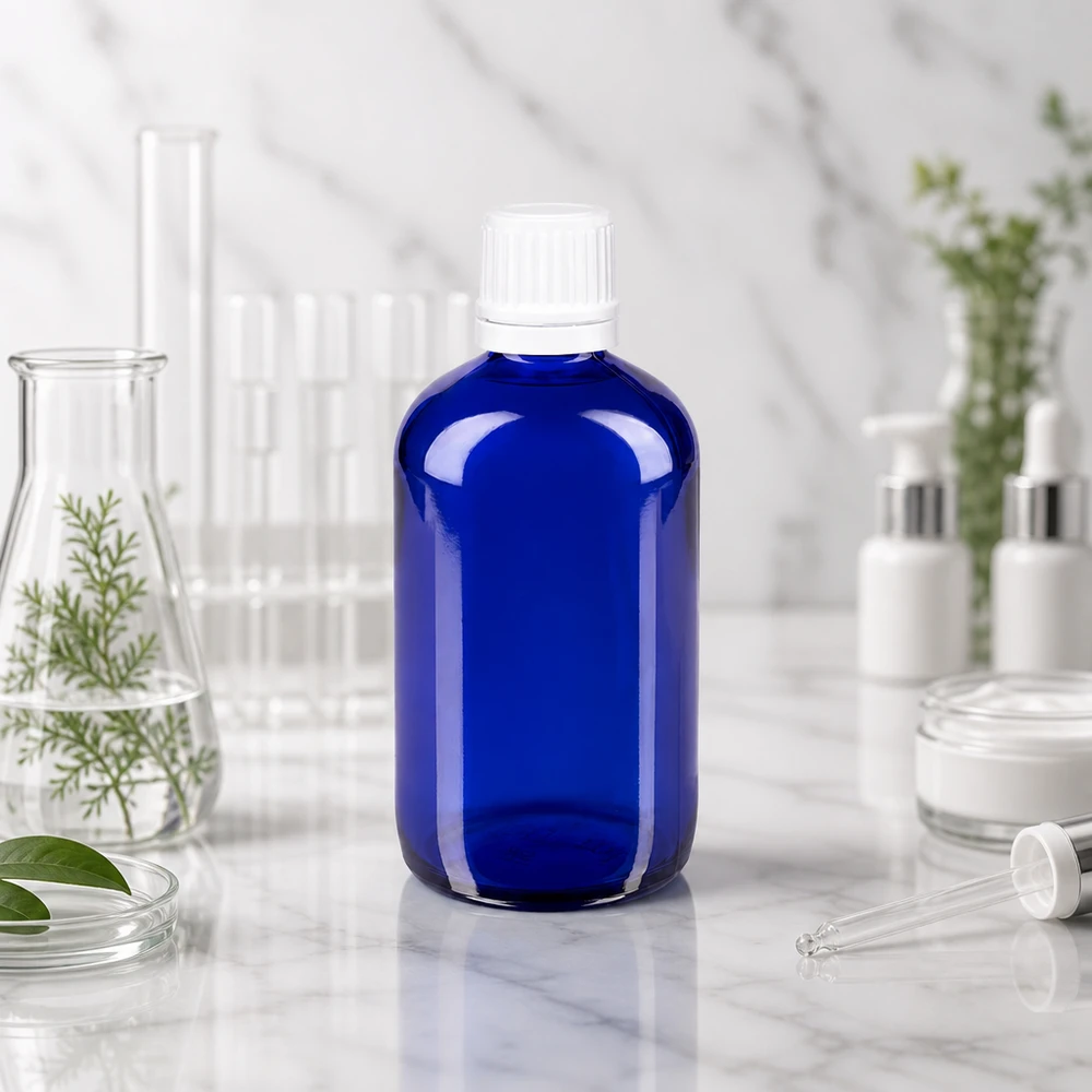 Kobaltblaue 100ml Apothekerflasche aus Glas mit Sicherheitsdeckel auf Marmor neben weißen Kosmetikbehältern