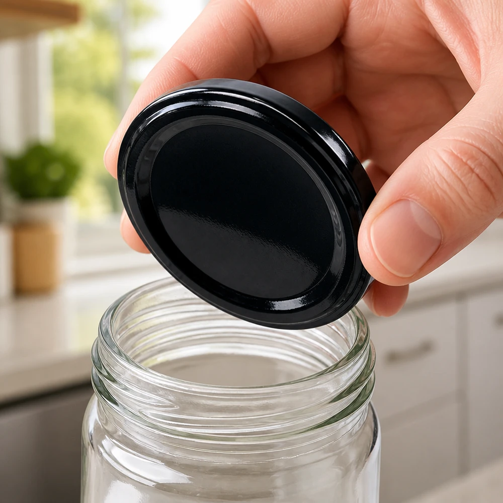 Schwarzer BioSeal Twist-Off Deckel 82mm UNiTWIST BPA-NI für Einmachglas von oben sichtbar