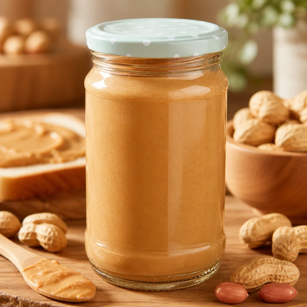 Selbstgemachte Erdnussbutter aufbewahrt in 370ml Rundglas BasicSeal Punkte mint matt UNiTWIST