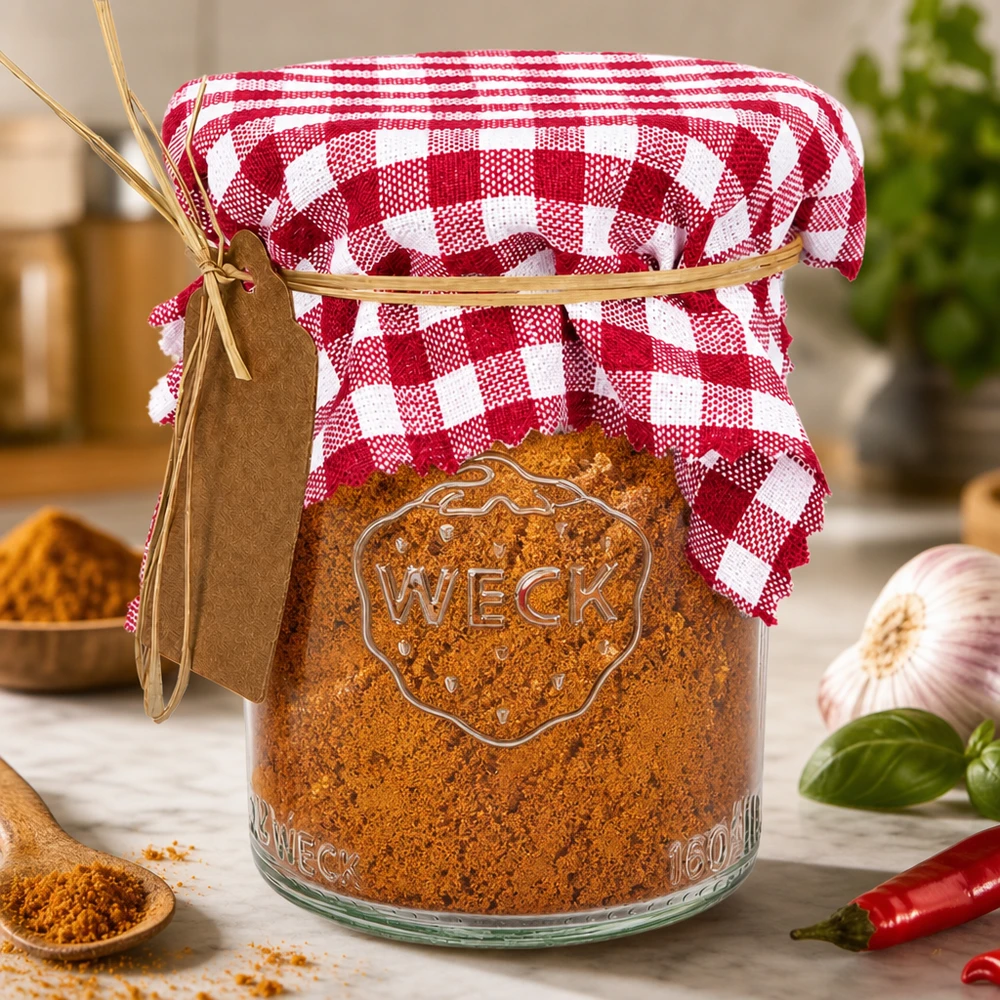 Bordeaux-kariertes Schmuckdeckchen 12cm eckig auf WECK-Gewürzglas mit Paprika und Kräutern in Landhaus-Küche