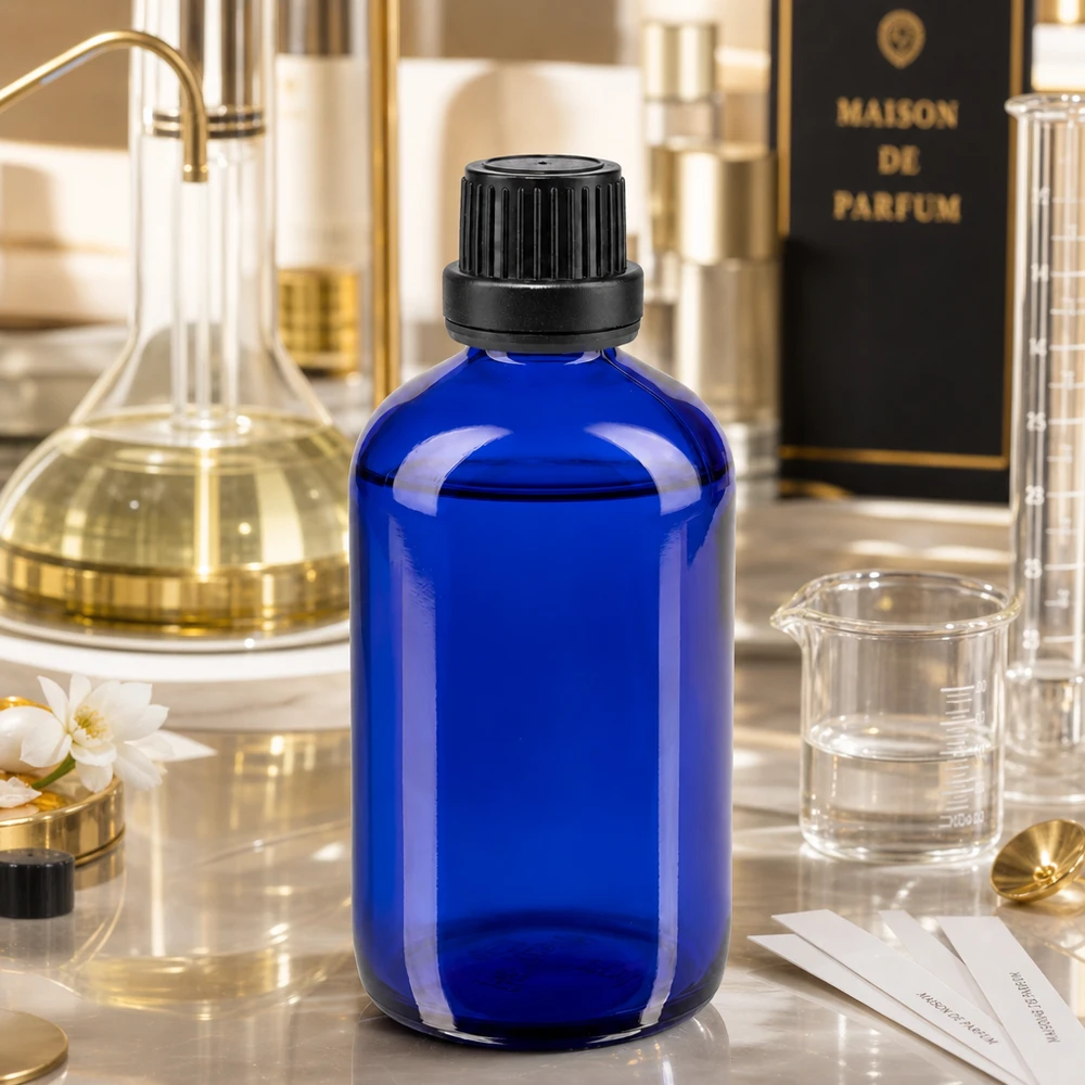 100ml Apothekerflasche blau mit schwarzem Verschluss neben Laborausstattung und Destillierkolben